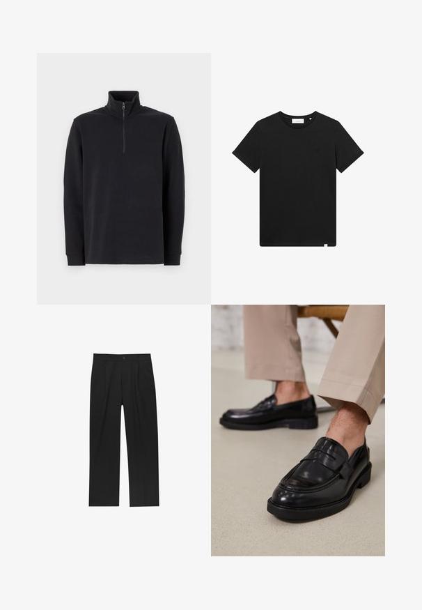 Black long-sleeve pullover with a stand collar and a quarter-length zipper on the front against a white background.; Black short-sleeve T-shirt made of cotton, featuring a crew neck and a small logo embroidered on the chest. Smooth texture, standard fit.; Black pants with a straight-leg design, made from a smooth fabric. Features front pleats and a single button closure at the waist.; Black leather loafers with a smooth finish, featuring a decorative strap and contrast stitching, paired with beige trousers.