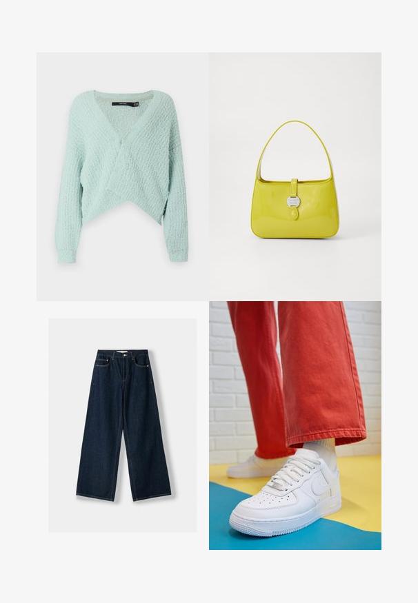Svetlo mentolový skrátený sveter s jemnou textúrou, V-výstrihom a dlhými rukávmi so zúženými manžetami. Výrazný tkaný vzor.; Biela kratká dámska tričko s krátkym rukávom vyrobené z mäkkej látky. Má okrúhly výstrih a jednoduchý, čistý dizajn so rovnými okrajmi.; Tmavomodré, široké džínsy vyrobené z denimovej látky. Obsahujú päť vreciek, zapínanie na gombík a zips, a detaily s kontrastným švom.; Biele kožené tenisky s perforovanou špičkou, textúrovanou podrážkou a bielymi šnúrkami, spárované so širokými červenými nohavicami na modrom a žltom pozadí.; Žltá lakovaná kožená kabelka so štruktúrovaným tvarom, horným držadlom a predným zacvakávacím uzáverom s kruhovým kovovým logom.