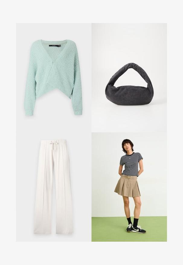 Suéter curto em verde menta claro com uma textura suave, design em V, e mangas longas com punhos canelados. Padrão tecido notável.; T-shirt branca curta feita de algodão, com mangas curtas, um decote redondo e uma bainha reta, apresentando uma textura suave e um design minimalista.; Calças de fato de treino beija claro, feitas de um tecido suave, com cintura elástica ajustável, pernas largas e costuras verticais, apresentando uma textura lisa.; T-shirt riscado em preto e branco, saia plissada bege, sapatilhas pretas com detalhes brancos, usadas com meias pretas.; Saco de tecido cinza escuro com uma alça curva, textura suave e forma arredondada. Sem hardware ou adornos visíveis.