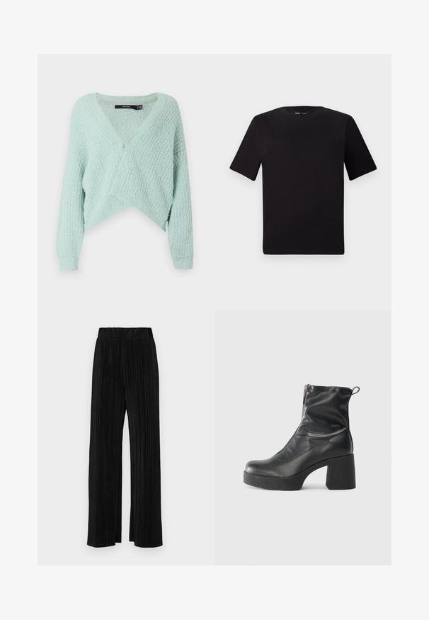 Šviesiai mėtų žalia trumpa megztinė su minkšta tekstūra, V formos iškirpte ir ilgomis rankovėmis, turinčiomis įrengtas apykakles. Išskirtinis audimo raštas.; Juodas trumpas rankovės marškinėlis su apvaliu iškirpimu, pagamintas iš minkštos medvilnės medžiagos. Paprastas dizainas, be matomų logotipų ar raštų.; Juodi plisuoti kelnės su elastine juosta. Turėkite plačias kojas ir glotnų, tekstūrinį audinį su vertikaliais dryžiais.; Juodos kulkšninių botai, pagaminti iš lygaus odos, su šoniniu užtrauktuku, masyviu tekstūruotu kulnu ir apvaliu pirštu.