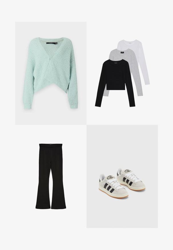 Light mint green cropped sweater with a soft texture, V-neck design, and long sleeves featuring ribbed cuffs. Notable woven pattern.; Three long-sleeve tops stacked: black, grey, and white. Each has a round neckline and a cropped design with smooth, lightweight fabric.; Black flare leggings made from stretchy fabric. Features a wide waistband and a smooth texture, with a fitted silhouette that flares at the hem.; Gray suede sneakers with white laces, black stripes, and a white rubber sole. Features a circular logo on the tongue and a gum sole.