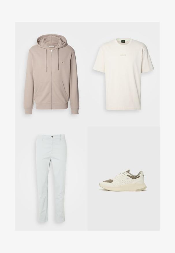 Calvin Klein Jeans LABEL ZIP THROUGH HOODIE - Cipzáras pulóver - goat; BOSS TEE - Basic póló - open white; Világoszöld, egyenes fazonú pamut nadrág, elülső gombos záródással és oldalsó zsebekkel. Sima textúra, minták nélkül.; Fehér és világos bézs sportcipő, légies hálós felsőrésszel, perforált részletekkel és texturált középtalppal, amelyen a saroknál a márka logója található.