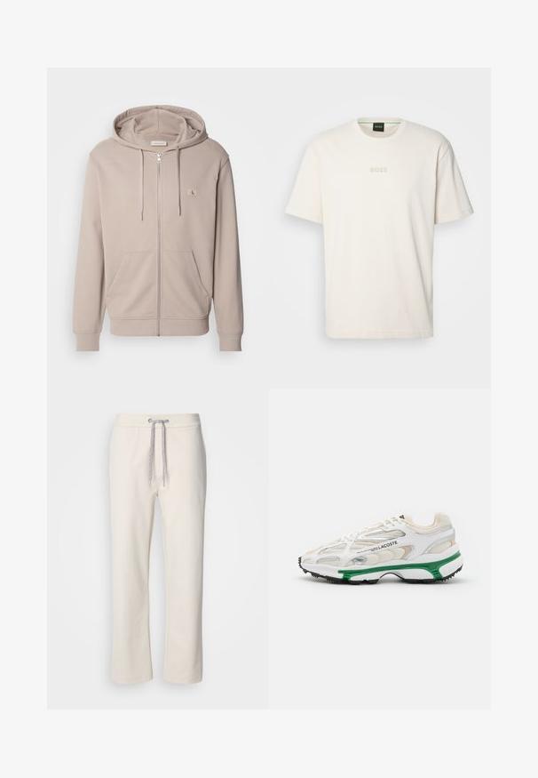 Calvin Klein Jeans LABEL ZIP THROUGH HOODIE - Zip-up sweatshirt - goat; BOSS TEE - Basic T-shirt - open white; Cream-colored casual pants with a drawstring waist and straight legs, displayed against a plain white background.; White sneaker with green accent and black rubber sole. Features mesh and synthetic panels, with a textured finish and visible stitching.