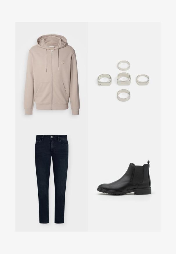 Calvin Klein Jeans LABEL ZIP THROUGH HOODIE - Sudadera con cremallera - goat; Camiseta de cuello alto de manga larga negra, hecha de una tela suave. Presenta un diseño ajustado con puños acanalados y una textura lisa. Sin patrones ni logotipos.; Vaqueros de mezclilla azul oscuro con un ajuste slim, diseño de cinco bolsillos, cierre de botón y un desvanecimiento mínimo. Frontal plano y aberturas de pierna estrechas.; Botín Chelsea de cuero negro con paneles laterales elásticos y una tira de sujeción, con punta redondeada y suela de goma texturizada.; Conjunto de seis anillos metálicos plateados en diversas formas, incluyendo redondos y cuadrados, con texturas suaves y un diseño minimalista.