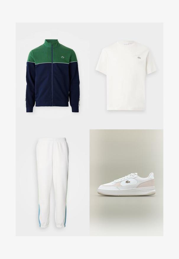 Pilnībā atverams džemperis ar zaļu augškrūti un pleciem, tumši zilām apakšējām daļām un piedurknēm, baltām apdari un mazu krokodila logo uz krūšu.; Balts kokvilnas T-krekls ar īsām piedurknēm, kuram ir smalka izšūta logo un minimālisma dizains. Mīksta tekstūra, apaļa kakla izgriezums.; Baltas sporta bikses ar elastīgu jostu, ar zaļiem un ziliem sānu svītrainiem. Mīksta auduma ar sašaurinātu potīšu dizainu.; Baltas sporta apavi ar gludu ādas augšdaļu, zamšādas akcentiem un gumijas zoli. Iekļauti izsistā logo un saistāmais dizains. Minimalistisks estētika.