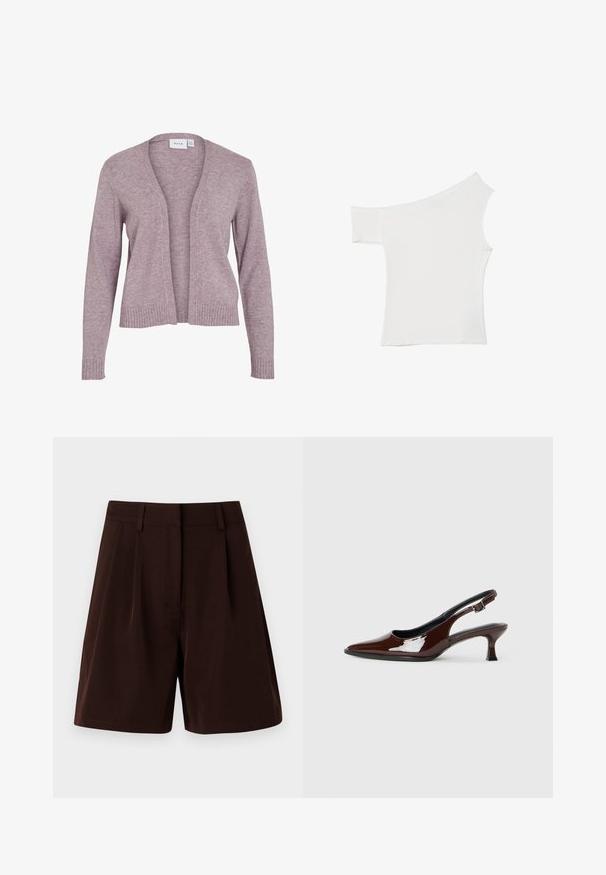 Cardigan lavanda chiaro realizzato in morbido tessuto lavorato a maglia. Presenta una scollatura aperta, polsini e orlo a coste, con una vestibilità rilassata e di lunghezza media.; Top bianco asimmetrico realizzato in un tessuto morbido, con una manica corta e un design una spalla scoperta, caratterizzato da un look pulito e minimalista.; Shorts marroni plissettati realizzati in tessuto leggero. Presentano una cintura classica e tasche laterali, con taglio dritto e bordi orlati.; Scarpa slingback in pelle verniciata marrone con punta affusolata e tacco moderato. Presenta una fascia con fibbia per una calzata sicura. Tessuto liscio.