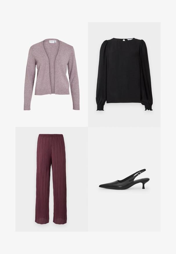 Heled lavendel kardigan, mis on valmistatud pehmest kudumist. Omab avatud esiosa, soonikkoes mansette ja äärt, lõdva istuvuse ja keskmise pikkusega.; Must Black blouse pikad, puffed varrukad. Ümara kaelusega, seljal võtmega avamine ja elastsed mansetid, mis annavad tiheda väljanägemise. Sile tekstuur.; Sügavpunased plisseepüksid, millel on elastne vöökoht, voolava ja laia säärekujundusega ning vertikaalsed pleedid üle kogu pinna.; Mustmustast musta nahast slingback king, millel on terav varvas ja kitsas, kumer konts. Omab diskreetset reguleeritavat rihma metallist pandlaga.