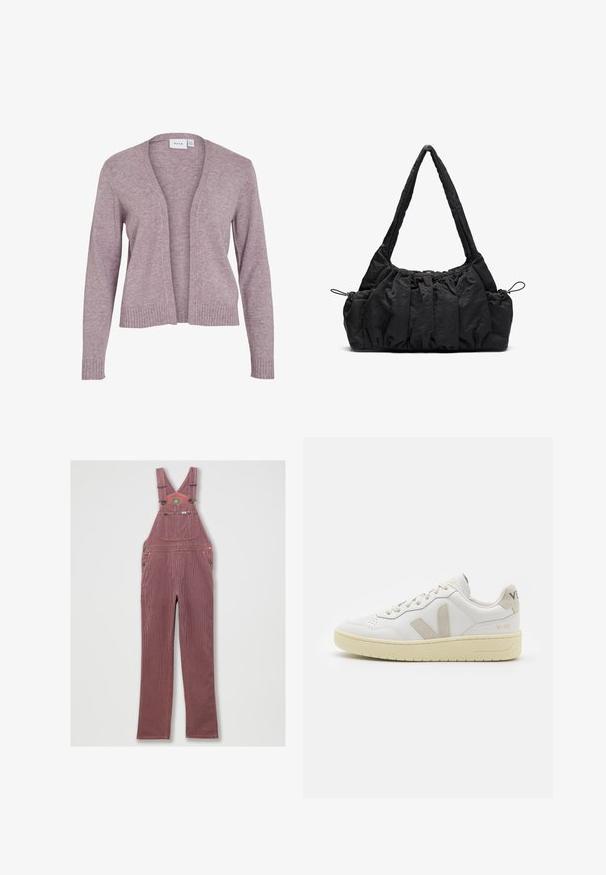 Light lavender cardigan made of soft knit fabric. Features a open front, ribbed cuffs and hem, with a relaxed fit and medium length.; Crop top in off-white knit material. Long sleeves with ribbed texture and small cut-out details around the neckline.; Red-striped denim overall with adjustable shoulder straps, large front pocket, and side pockets. Features metal hardware and a stitched hem.; White leather sneaker with beige suede accents, perforated toe box, flat laces, and a textured cream sole. Features subtle branding on heel.; Black fabric handbag with gathered texture, two shoulder straps, and drawstring closure on sides. Smooth, lightweight material.