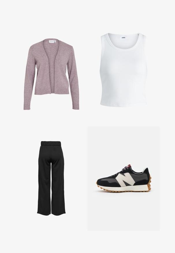 Világos levendula színű kardigán, puha kötött anyagból. Nyitott elejű, bordás mandzsettákkal és aljjal rendelkezik, laza, közepes hosszúságú fazon.; Fehér bordás ujjatlan top, kerek nyakkivágással és rövid hosszal. A címke szerint "JJXX". Sima szövettextúra.; Fekete, bővülő szárú nadrág, elasztikus derékkal, sima anyagból készült. Tiszta dizájn jellemzi, zsebek és látható varrási részletek nélkül.; Fekete és szürke velúr sportcipő nagy krémszínű "N" logóval, lila fűzőkkel és texturált gumi talppal.