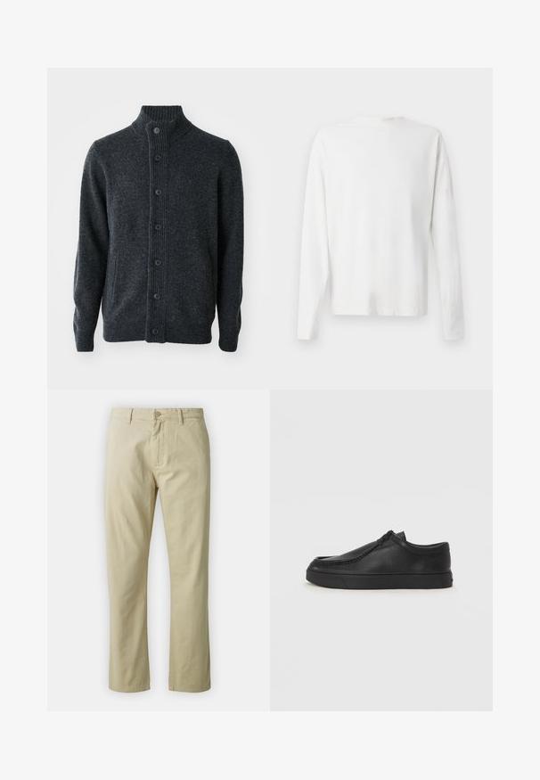 Σκούρο γκρι κωδικό από πλεκτό ύφασμα, με ριμπ λαιμό, μπροστινό κλείσιμο με κουμπιά και μακριά μανίκια με ριμπ μανσέτες και τελείωμα.; Λευκό βαμβακερό πουκάμισο μακρυμάνικο με στρογγυλή λαιμόκοψη, πλαϊνές σχισμές στο κάτω μέρος και λεία υφή, εμφανιζόμενο από πίσω.; Μπεζ βαμβακερά παντελόνια με ίσια σχεδίαση, εμπρός κλείσιμο με κουμπί και θηλιές ζώνης. Λείος υφή, χωρίς ορατά μοτίβα ή λεπτομέρειες.; Μαύρο δερμάτινο παπούτσι slip-on με στρογγυλή μύτη, ραφές και μαύρη καουτσούκ σόλα. Λείο υλικό με μινιμαλιστικό σχέδιο.