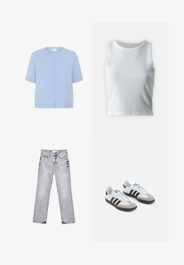 Light blue knitted cardigan with short sleeves, round neckline, and small pearl button closures along the front. Soft texture and relaxed fit.; White ribbed tank top with a round neckline and sleeveless design, featuring a straight hem and a smooth, stretchy texture.; Gray denim jeans with a straight-leg cut, distressed detailing, five pockets, and copper rivets. Waistband features a logo tag.; Sport shoes with a white leather upper, gray suede toe, and three black stripes. Features a blue logo on the tongue and a textured rubber sole.