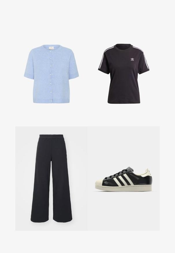 Cardigan lavorato a maglia azzurro chiaro con maniche corte, scollo rotondo e piccoli bottoni di perla lungo la parte frontale. Tessuto morbido e vestibilità rilassata.; T-shirt corta nera in cotone a maniche corte con collo rotondo, caratterizzata da strisce bianche sulle spalle e un piccolo logo Adidas bianco sul petto.; Pantaloni felpati neri a gamba larga realizzati in tessuto morbido, con un elastico in vita e un piccolo logo sul lato sinistro.; Sneaker in pelle nera con strisce bianche, punta in gomma, lacci neri e suola di colore crema. Texture liscia con finitura brillante.