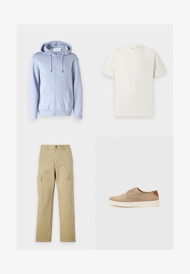 Only & Sons ONSCERES LIFE HOODIE - Kapucnis pulóver - eventide; Fehér, rövid ujjú póló bordázott textúrával. Kerek nyakkivágás, laza szabás, nincs látható minta vagy díszítés. Egyszerű és sokoldalú dizájn.; Beige vászon cargo nadrág, két oldalsó zsebbel, gombos záródással, egyenes lábakkal és enyhén texturált anyagból készült.; Beige velúr sportcipő, kerek orral, fűzős elülső résszel és textúrált hátsó részlettel. Fehér gumitalp kontrasztot ad. Egyszerű és modern design.