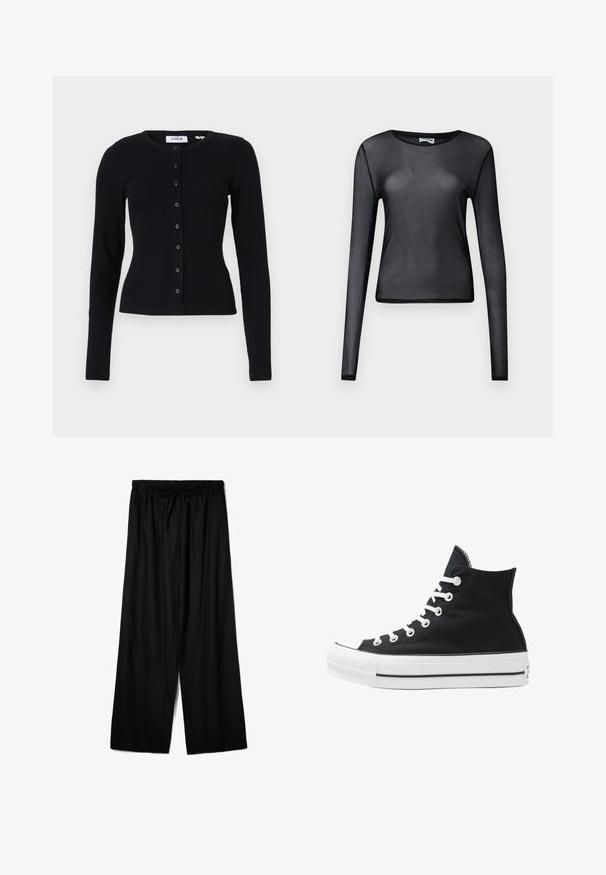 Čierny rebrovaný cardigan s dlhými rukávmi, okrúhlym výstrihom a zapínaním na gombíky so šiestimi gombíkmi. Hladká textúra, priliehavý strih.; Čierny top s dlhými rukávmi vyrobený z priesvitného materiálu, s okrúhlym výstrihom a úzkym strihom, s jemne zakončenými okrajmi.; Čierne nohavice s širokými nohavicami vyrobené z ľahkej tkaniny, s elastickým pásom a sťahovacím šnúrkovým pásom pre nastaviteľné prispôsobenie. Hladká textúra.; Čierne plátkové tenisky v štýle high-top s bielymi očkami, šnúrkami a gumovou podrážkou. Obsahujú textúrovanú špičku a čierno-biele pruhy.