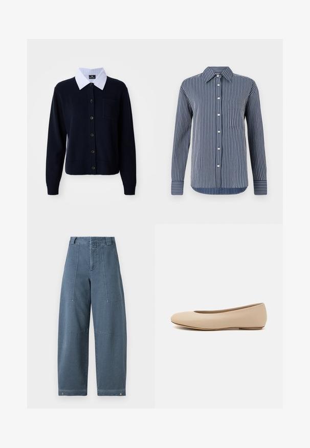 Tumehall sinine kardigan, millel on nööpide esikülg, soonikust mansetid ja tasku. All pool on valge ja sinine triibuline kraega särk.; Nööpidega särk tumesiniste ja valgete triipudega, pikkade varrukatega, ühe rinnataskuga ja klassikalise kaelusega, valmistatud kergest kangast.; Heledad laiad teksapüksid helesinises värvitoonis, millel on tekstureeritud pind, kaks esist taskut ja vastupidav õmblus ääres.; Beeži nahk balletitossud ümarate varvastega, minimaalse õmbluse detailiga, madala kanna ja diskreetse logoga taga. Sile, mati tekstuur.