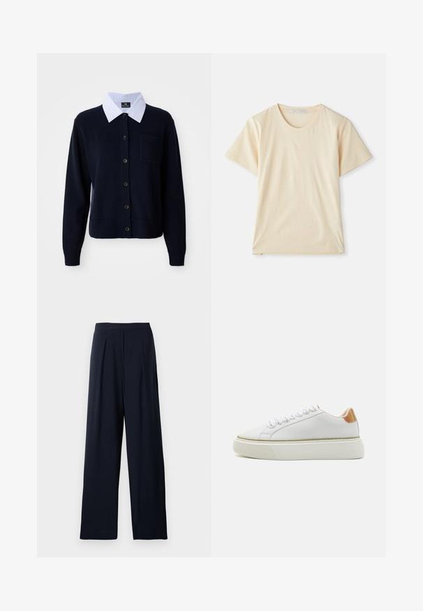 Dunkelblauer Cardigan mit Knopfverschluss, gerippten Bündchen und einer Tasche. Darunter trägt er ein weiß-blau gestreiftes Hemd mit Kragen.; Cremefarbiges T-Shirt aus weichem, leichtem Baumwollmaterial mit kurzen Ärmeln und Rundhalsausschnitt. Keine sichtbaren Muster oder Akzente.; Marinefarbene, weit geschnittene Hose mit Falten, aus weichem Stoff. Verfügt über einen glatten Bund und ein schlichtes Design für vielseitiges Tragen.; Weißer Sneaker mit einem glatten Lederobermaterial, strukturierter Gummisohle, abgerundetem Zeh und einem reflektierenden Akzentdetail an der Ferse.