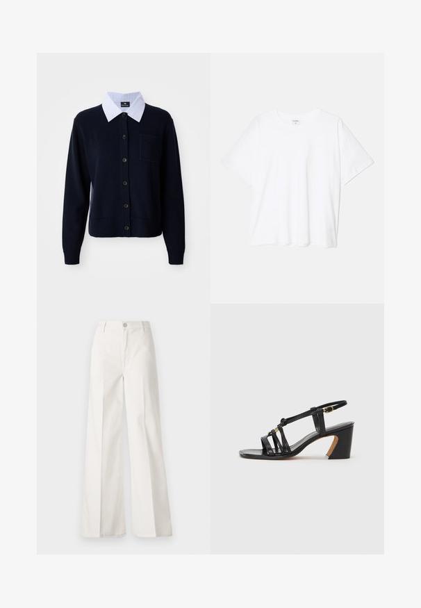 Navy blue cardigan with a button-up front, ribbed cuffs, and a pocket. Features a white and blue striped collared shirt underneath.; White cotton t-shirt with short sleeves, round neckline, relaxed fit, and stitched hem. Label visible on the inside neck.; White wide-leg trousers made from cotton with a smooth texture. Features a front button, zipper fly, and four-pocket design.; Paul Smith AMIRA - Classic heels - black