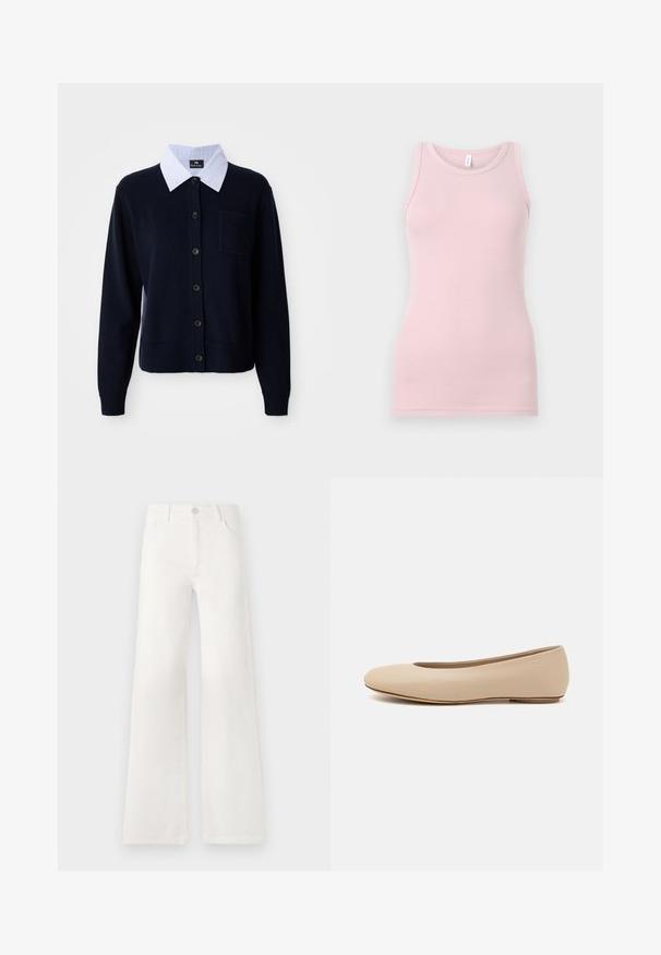 Navy blue cardigan with a button-up front, ribbed cuffs, and a pocket. Features a white and blue striped collared shirt underneath.; Light pink tank top made of soft, stretchy fabric. Features a round neckline and narrow shoulder straps, with a smooth texture and fitted shape.; White, high-waisted wide-leg jeans made of denim. Features a button closure, two front pockets, and side seams with stitching details.; Beige leather ballet flat with rounded toe, minimal seam detailing, low heel, and subtle logo on the back. Smooth, matte texture.