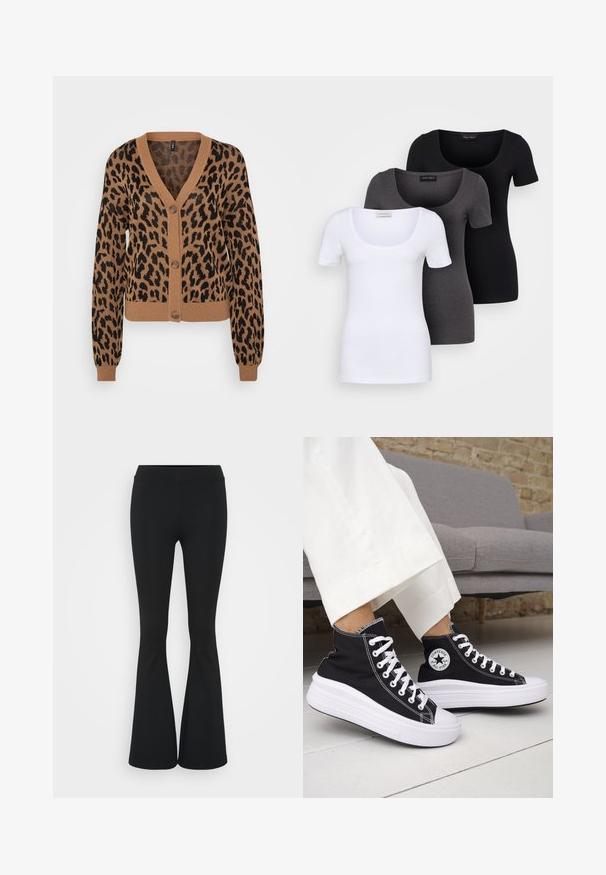 Cardigan z leopardjim vzorcem v rjavi in črni barvi, z V-izrezom, sprednjim gumbom, dolgimi rokavi ter rebrastimi manšetami in robom. Mehka pletenina.; Tri prilegla majica v beli, sivi in črni barvi. Vsaka ima širok izrez na vratu in kratke rokave. Narejene so iz gladkega, raztegljivega materiala.; Črne hlače s širokimi hlačnicami, izdelane iz raztegljive tkanine, z visokim pasom in gladko teksturo. Hlače se širijo od kolena navzdol.; Črni visoki supergi z belimi gumijastimi podplati in vezalkami. Na njih je okrogel logotip in kontrastno belo šivanje. Iz blaga platna.