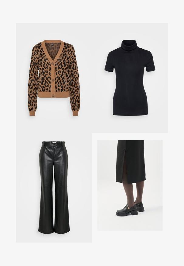 Leopárdmintás kardigán barna és fekete színben, V nyakkivágással, gombos elülső résszel, hosszú ujjal, bordás mandzsettával és szegéllyel. Puha kötött textúra.; Fekete bordás garbó, rövid ujjú, testhez simuló dizájn, puha tapintás, minimális varrásokkal és magas gallérral.; ONLY Tall ONLSMOOTH WIDE - Nadrágok - black; Fekete bőr cipők lekerekített orral, vastag blokk sarkakkal és elasztikus oldalsó díszítésekkel, sötét harisnyával és hasítékkal ellátott fekete szoknyával párosítva.