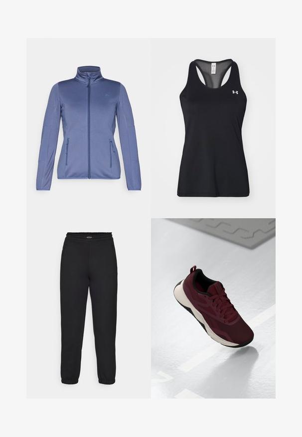 Μπλε αθλητικό μπουφάν με ψηλό γιακά, πλήρη μπροστινό φερμουάρ και δύο πλαινά τσεκούρια με φερμουάρ. Διαθέτει ομαλό ύφασμα και υφασμάτινα μανίκια.; Μαύρο αθλητικό τοπ με υφή, σχέδιο racerback και διακριτική λεπτομέρεια λογότυπου στο στήθος. Ελαφρύ και αναπνεύσιμο υλικό.; Champion C-TECH CUFFED PANTS INTERLOCK - Παντελόνι φόρμας - black; Μπορντό αθλητικό παπούτσι με δικτυωτό πάνω μέρος, μαύρες λεπτομέρειες και λευκή αφρώδη σόλα. Διαθέτει κλείσιμο με κορδόνια και λαβή στο τακούνι.
