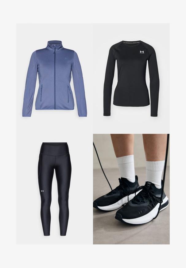 Modra športna jakna z visokim ovratnikom, celotnim sprednjim zadrgo in dvema zadrgo zaprtima stranskima žepoma. Ima gladko tkanino in teksturirane rokave.; Črna dolga športna majica s splošno teksturo, ki ima okroglo izrezovanje in majhen bel znak na levem prsnem delu.; Črne pajkice iz gladkega, elastičnega materiala z visokim pasom. Imajo bel logotip na levem stegnu in oprijet kroj.; Črne športne čevlje z strukturirano tkanino, belo podplatom in črnimi vezalkami. Nosi se z belimi rebrastimi nogavicami, stoje na svetli površini.