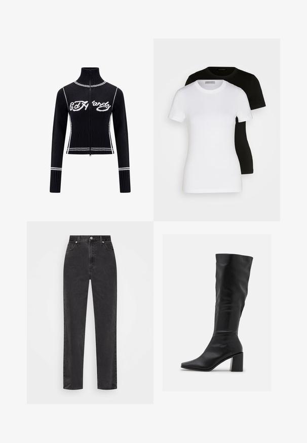 Černý pletený svetr s zipem a vysokým límcem. Obsahuje bílé prvky a logo "Ed Hardy" v bílé barvě přes hrudník. Zkrácený střih.; Dvé trička s krátkým rukávem v černé a bílé barvě. Vyrobena z hladké bavlny, mají klasický kulatý výstřih a standardní střih.; Černé džíny se rovnými nohavicemi a vysokým pasem, se zapínáním na knoflík a zip, a pěti kapsami na bílém pozadí.; RAID BLICK - Vysoká obuv - black
