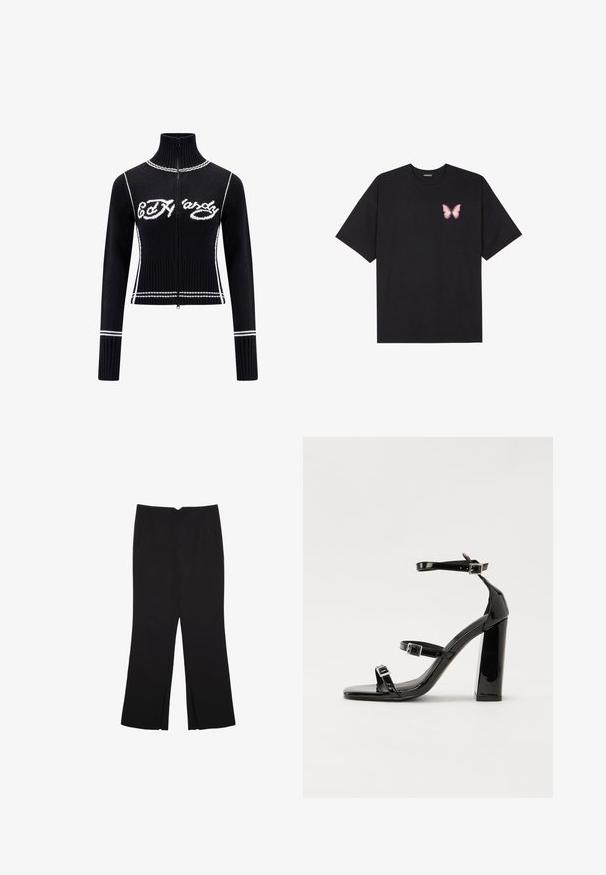 Czarny sweter zapinany na zamek z wysokim kołnierzem. Posiada białe akcenty oraz logo "Ed Hardy" w białym kolorze na piersi. Krótkie wykończenie.; Czarny bawełniany t-shirt z krótkim rękawem, z małym różowym motylkiem na lewej piersi. Klasyczny dekolt z luźnym fasonem.; Czarne spodnie o prostym kroju, z przednimi kieszeniami i bocznymi rozcięciami na dole. Wykonane z miękkiego, gładkiego materiału. Odpowiednie na różne okazje.; Czarne lakierowane sandały na obcasie z kwadratowym noskiem, z paskami wokół kostki i srebrnymi klamrami. Posiadają masywny słupek dla stabilności.