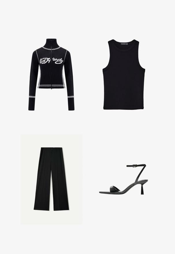 Svart stickad zip-up tröja med hög krage. Har vita detaljer och "Ed Hardy"-logga i vitt över bröstet. Kortare design.; Svart linne i bomull, med rund halsringning och breda armhål. Slät yta med sydda fållar. Klassisk, minimalistisk design.; Bershka WIDE - Tygbyxor - black; Bershka Sandaletter - black