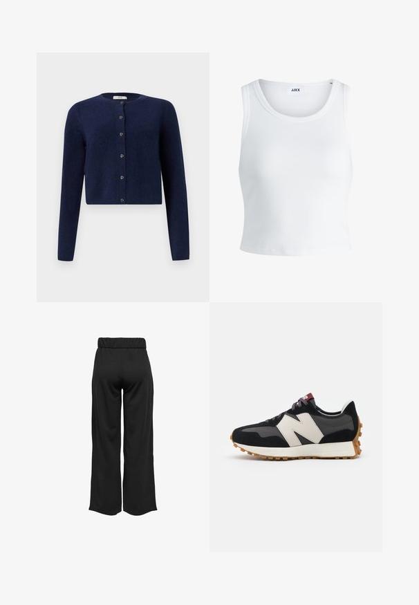 JDY JDYCHLOE LIFE L/S NOOS - Adīta jaka - night sky; Balts ribots topiņš ar apaļu kakla izgriezumu, bez piedurknēm un īsā garumā. Uz birkas ir rakstīts "JJXX." Gluda auduma tekstūra.; Melnas, platas bikses ar elastīgu jostu, izgatavotas no gludas auduma. Iespējamā tīra dizaina ar bez kabatām un redzamām šuvēm.; Melnas un pelēkas zamšādas sporta kurpes ar lielu krēmkrāsas "N" logotipu, purpura šņorēm un strukturētu gumijas zoli.