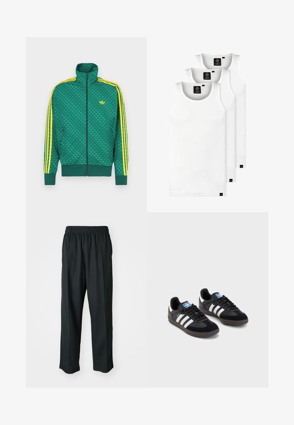 Casaco verde com fecho de correr, padrão geométrico, riscas amarelas nas mangas, gola alta e logótipo no peito. Tecido leve.; Três tops em algodão de alças brancas com nervuras. Apresentam um decote redondo e pequenas etiquetas pretas perto da bainha. Disponíveis em vários tamanhos.; Calças atléticas pretas com um cós elástico, feitas de tecido suave, com costuras laterais discretas e um ajuste descontraído, design de perna reta.; Sneakers pretos com parte superior em camurça e sintético, apresentando três riscas brancas, sola de borracha texturizada e etiqueta azul no linguete.