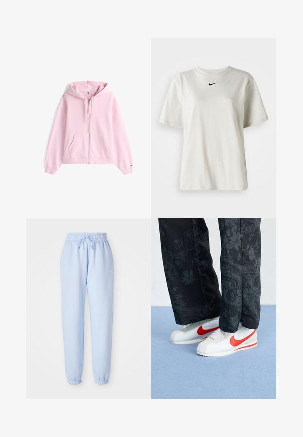Pink zip-up hoodie, cotton material, featuring a front pocket, drawstring hood, and ribbed cuffs. Subtle logo detailing on the chest.; White cotton t-shirt with a round neckline and short sleeves. Features a small black Nike logo on the chest. Simple and unadorned design.; Light blue sweatpants with an elastic waistband and drawstring. Features a small Nike logo on the side, gathered at the cuffs.; White Nike sneakers with red accents, paired with black pants featuring a floral pattern. Texture is smooth with a flat braid sole.