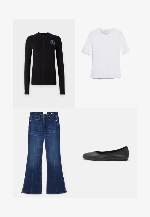 Fekete, hosszú ujjú dzseki, elöl cipzárral, bal mellkason egy kék kör alakú logóval, testhezálló kialakítással és lapos varrásokkal.; Fehér, rövid ujjú póló ribbed anyagból. Kerek nyakkivágás, normál szabás és diszkrét varrási részletek. Nincsenek minták vagy grafikák.; Sötétkék, trapéz fazonú farmernadrág, amelyek denim anyagból készültek. Magas derekú, elöl zsebekkel és részekkel a szegésnél. Klasszikus, öt zsebes kialakítás.; Fekete bőr balettcipő lekerekített orral, sima tekstúrával, minimális varrással és rugalmas talp kialakítással.