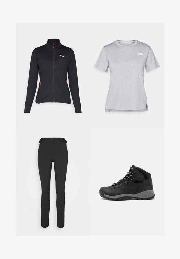 Giacca nera con zip in tessuto testurizzato, colletto alto e dettagli arancioni sulla zip. Presenta due tasche laterali con zip arancioni.; T-shirt grigio a maniche corte realizzato in morbido tessuto traspirante. Presenta un collo tondo e un piccolo logo bianco nella parte superiore sinistra.; Pantaloni neri aderenti realizzati in materiale flessibile. Presentano una tasca laterale con zip, ginocchia articolate e una texture liscia.; Stivale da trekking nero con design a metà altezza, dotato di una tomaia texturizzata, accenti grigi e suola in gomma resistente con tasselli per la trazione.
