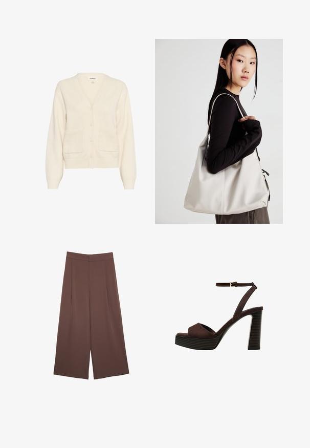 Krémový kardigán vyrobený z mäkkého materiálu, so zapínaním na gombíky, v oválnom výstrihu, dlhými rukávmi a dvoma prednými vreckami.; Tmavošedý top s krátkym rukávom a lodičkovým výstrihom. Vyrobený z rebrovanej látky, s voľným strihom a čistým lemovaním. Jednoduchý dizajn, bez vzorov.; Hnedé nohavice so širokými nohavicami a hladkou textúrou, s vysokým pásom a prednými skladmi. Tkanina je ľahká a voľne sa pohybuje.; Hnedé semišové sandále na vysokom podpätku s otvorenou špičkou, nastaviteľným členkovým remienkom a pruhovanou platformovou podrážkou.; Béžová kabelka vyrobená z mäkkého materiálu, s uvoľneným dizajnom, prišitými detailmi a dvoma popruhmi na nosenie na pleciach. Vhodná na každodenné nosenie.