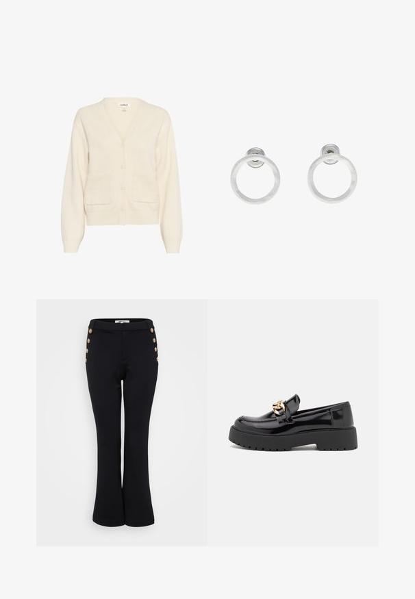 Krem kardigan od mekog materijala, s V-izrezom, zatvaranjem na dugmiće, dugim rukavima i dva prednja džepa.; Even&Odd Petite 2 PACK - Top - light grey/black; Crne široke hlače od glatkog materijala, s zlatnim gumbima uz struk kao detaljem i prilagođenim siluetom.; Crne lakirane kožne mokasine sa debelim crnim potplatom i detaljima od zlata. Glatka tekstura i dizajn okruglog vrha.; Srebrne metalne naušnice u obliku prstena s brušenom teksturom, s kružnim dizajnom i prozirnom vrstom kopče za sigurno nošenje.