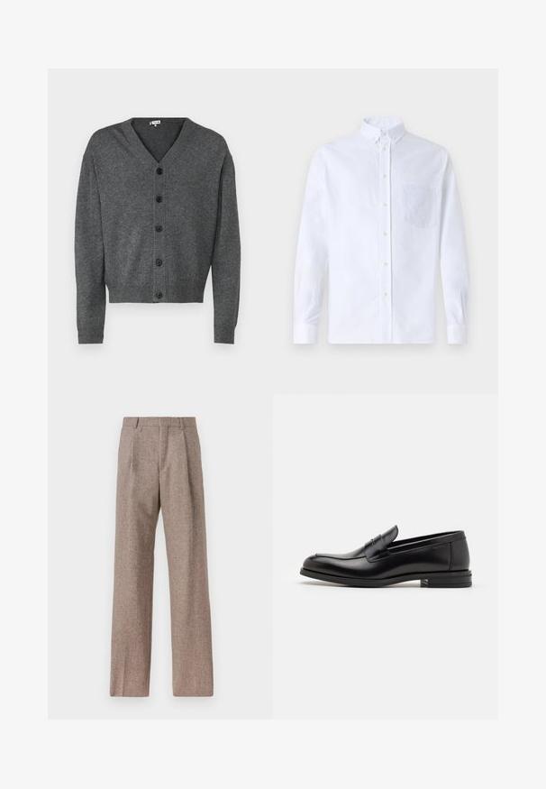Gray knitted cardigan with a V-neckline, button front, and ribbed cuffs. Smooth texture and casual fit with six black buttons.; White long-sleeve button-up shirt made of cotton, featuring a chest pocket with tonal embroidery, a collar, and button cuffs.; Brown, high-waisted trousers made of textured fabric. Features wide legs and two front pleats for structure. Neat finish with no visible hardware.; Black leather loafers with a smooth texture, rounded toe, and a decorative strap across the vamp. Low stacked heel, minimalist design.
