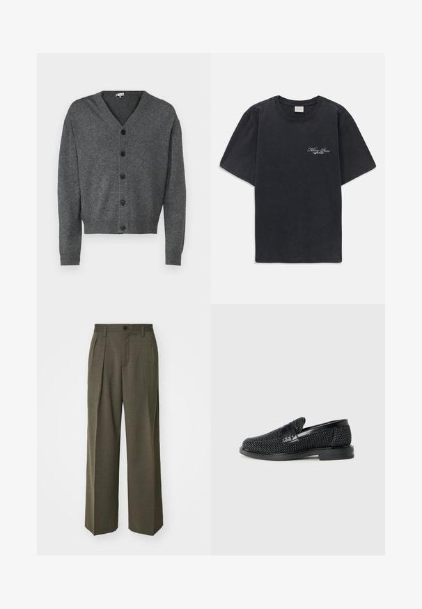Grå strikket cardigan med V-udskæring, knaplukning foran og ribbrevaderede ærmer. Glat tekstur og afslappet pasform med seks sorte knapper.; Sort kortærmet t-shirt med rund hals og lille hvidt "Filling Pieces" tekstlogo på venstre bryst.; Filippa K WIDE TROUSERS - Bukser - driftwood; Sort vævet slip-on sko med en glat læderdetalje på overdelen, en rund tådesign og en lavprofil gummisål.
