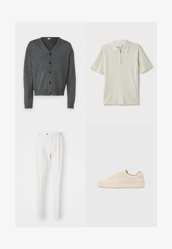 Grauer Strickcardigan mit V-Ausschnitt, Knopfverschluss und gerippten Bündchen. Glatte Textur und lässige Passform mit sechs schwarzen Knöpfen.; Kurzärmliges Poloshirt in hellbeige mit Reißverschlusskragen. Hergestellt aus glattem Stoff, bietet es ein einfaches, modernes Design ohne Muster.; Weiße, maßgeschneiderte Hosen mit flachem Bund, zwei Falten und umgeschlagenen Säumen. Hergestellt aus einem glatten Stoff mit einem Knopfverschluss an der Taille.; Beige Wildledersneaker mit einem Low-Top-Design, runder Zehenform, flachen Schnürsenkeln und einer strukturierten Gummisohle. Minimalistischer Stil ohne sichtbare Logos.