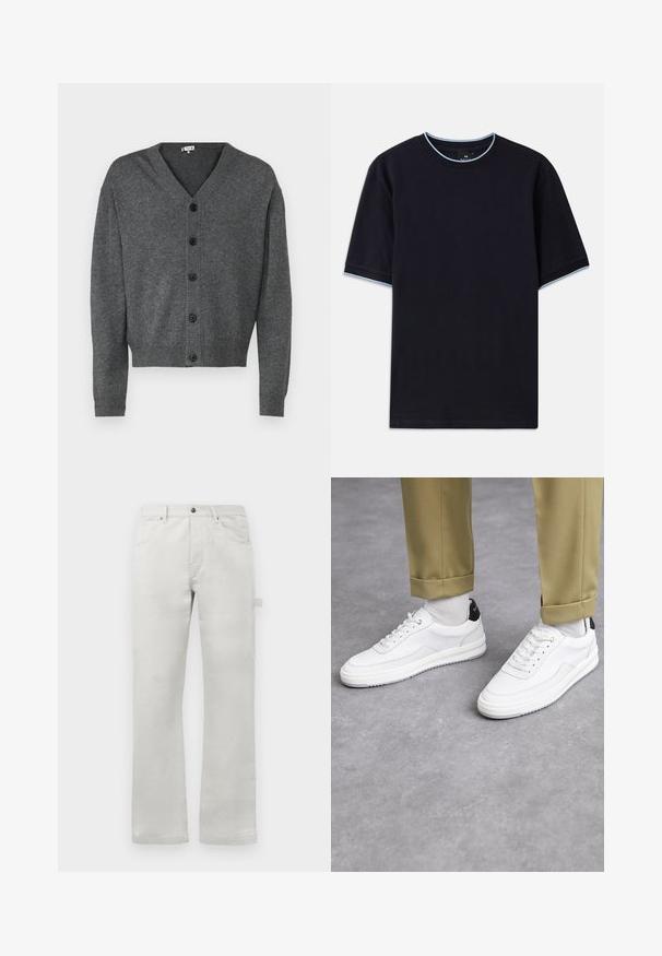 Grå strikket cardigan med V-udskæring, knaplukning foran og ribbrevaderede ærmer. Glat tekstur og afslappet pasform med seks sorte knapper.; Mørkeblå kortærmet t-shirt med rund halsudskæring, udstyret med lys blå accent ved kraven og ærmerne. Lavet af blødt bomuldsstof.; Lys grå bukser med en lige pasform, lavet af glat bomuldsstof, med forlommer og en sidelomme.; Hvide sneakers med en tekstureret læderfinish, rund tå og sort hælaccent. Gummisål med lille mønster og syede detaljer.