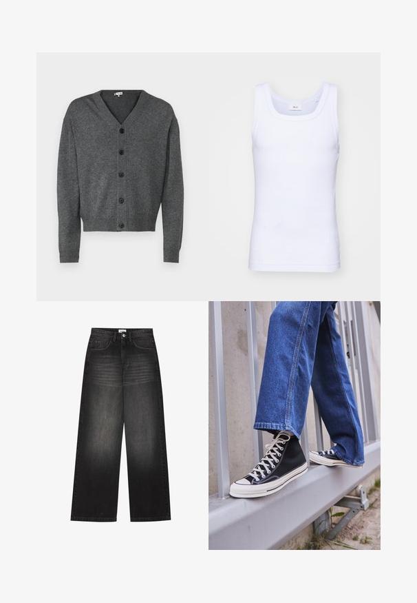 Grauer Strickcardigan mit V-Ausschnitt, Knopfverschluss und gerippten Bündchen. Glatte Textur und lässige Passform mit sechs schwarzen Knöpfen.; Weißes Baumwoll-Top ohne Ärmel mit rundem Ausschnitt, ausgestattet mit einer glatten Textur und einer figurbetonten Form, ideal für die Freizeit.; YOURTURN UNISEX - Baggy Jeans - black denim; Schwarze High-Top-Sneaker mit weißer Sohle und Schnürsenkeln, kombiniert mit lockeren blauen Jeans, die auf einem grauen Geländer ruhen.