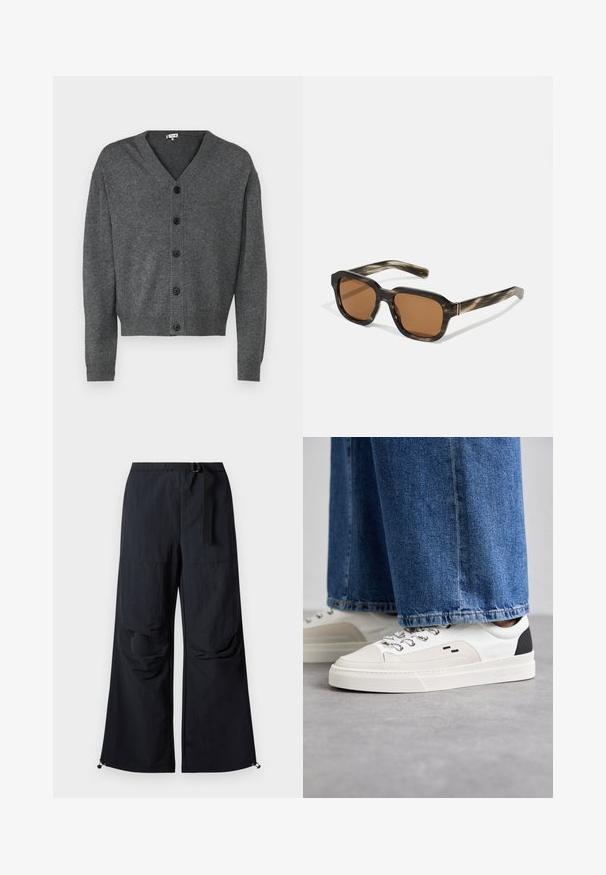 Grauer Strickcardigan mit V-Ausschnitt, Knopfverschluss und gerippten Bündchen. Glatte Textur und lässige Passform mit sechs schwarzen Knöpfen.; Icecream JUMBO RUNNING DOG - T-Shirt print - black; Schwarze weit geschnittene Hosen aus leichtem Material, mit einem Gürtel in der Taille, vorderen Taschen und verstellbaren Säumen mit Kordelzügen.; Weiße und schwarze Sneaker mit einem Obermaterial aus glattem Leder, strukturierten Akzenten und einer massiven weißen Sohle. Verfügt über ein klassisches Schnürdesign.; Plastiksonnenbrille mit einem Schildkrötenmuster, oktagonalen braunen Gläsern und dünnen goldenen Hardwareakzenten am Gestell.