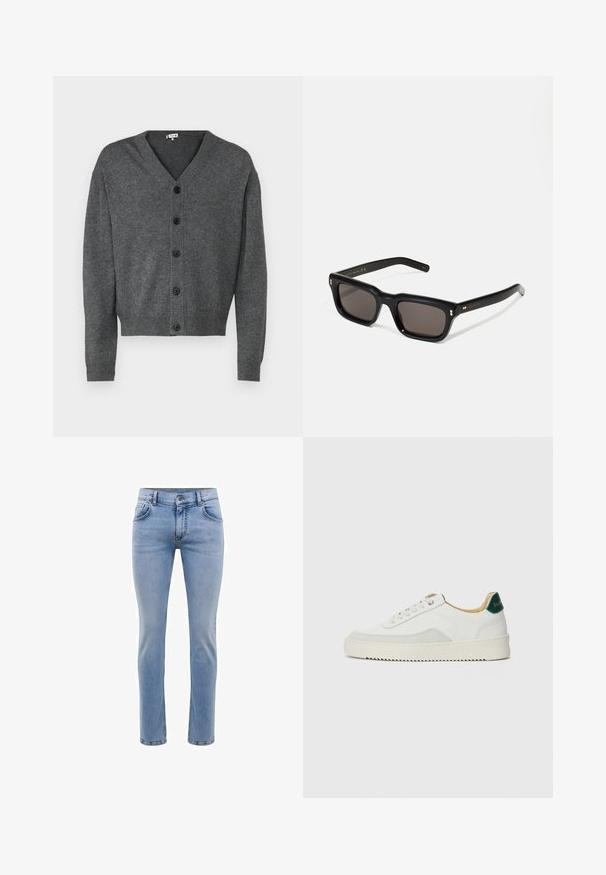 Grå strikket cardigan med V-udskæring, knaplukning foran og ribbrevaderede ærmer. Glat tekstur og afslappet pasform med seks sorte knapper.; Sort bomulds T-shirt med rund halsudskæring, korte ærmer og "EMPORIO ARMANI" logo i hvid over "Milano" i et buet design.; Lysblå denim jeans med en slim fit, fem lommer og et lige ben design. Har en lynlås og bæltestropper. Blød tekstur.; Hvide sneakers med ruskindsdetaljer, rund tå, flade snørebånd og en cremet gummisål. Har grøn branding på hælen.; Sorte rektangulære solbriller med mørke glas, tyk plastisk ramme, guldtryk på stængerne og brandlogo indgraveret på armen.