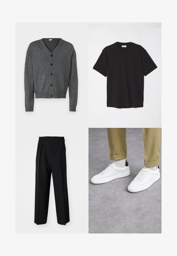 Grå strikket cardigan med V-udskæring, knaplukning foran og ribbrevaderede ærmer. Glat tekstur og afslappet pasform med seks sorte knapper.; Sort bomulds T-shirt med rund hals, korte ærmer og en afslappet pasform. Enkel design, glat tekstur og ingen synlige mønstre eller logoer.; Sorte plisserede bukser med et lige, bred ben-design. Fremstillet af glat stof, med en knaplukning og bæltesløjfer.; Hvide sneakers med en tekstureret læderfinish, rund tå og sort hælaccent. Gummisål med lille mønster og syede detaljer.