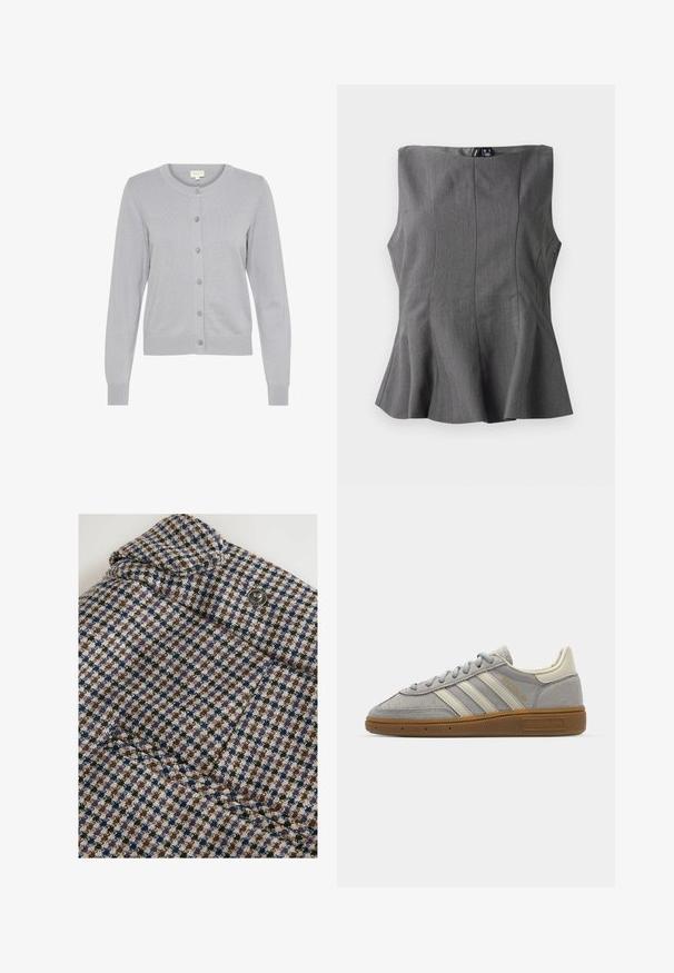 Ljust grått stickat cardigan med rund halsringning, långa ärmar och knäppning framtill. Har subtila ribbningar och en figursydd nederkant.; Grå peplumtop med en strukturerad, ärmlös design. Tillverkad av slätt tyg, med vertikala sömmar och en rak halsringning.; Next REGULAR FIT - CHECK BARREL TAILORED - Tygbyxor - brown; Grå mockasneakers med ljusgrå läderlinjer och en gummigummi-sula. Funktioner inkluderar snörning och diskret logotyp på tungan.