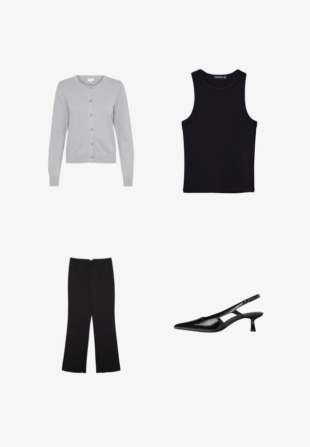 Svetlo siva pletena jopica z okroglim izrezom, dolgimi rokavi in sprednjim zapiranjem na gumb. Ima diskretno rebrasto strukturo in prilagojen rob.; Črna majica brez rokavov iz bombaža, z okroglim izrezom in širokimi odprtinami za roke. Gladka tekstura s šivi na robovih. Klasičen, minimalističen dizajn.; Črne hlače ravnega kroja z naglavnimi žepi in stranskimi razporki na robu. Narejene iz mehke, gladke tkanine. Primerne za različne priložnosti.; Črne patentični usnjeni salonarji s slingback designom, z zašiljenim nosom, izrezanim stranskim dizajnom in majhnim kvadratnim peto. Gladka tekstura z minimalnimi detajli.
