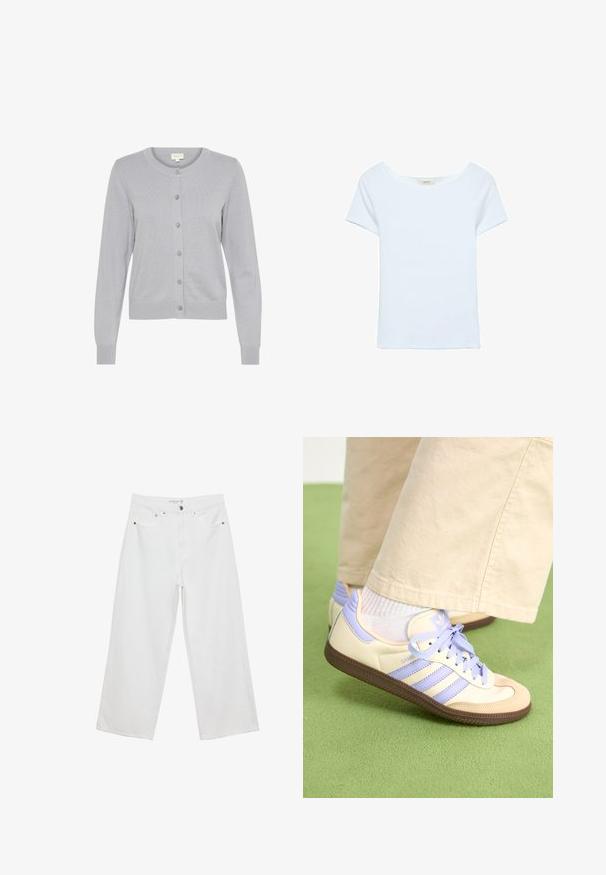 Vaaleanharmaa neulottu neuletakki, jossa on pyöreä kaula-aukko, pitkät hihat ja etupainonappikiinnitys. Ominaisuuksiin kuuluu hienovarainen raidoitus ja istuva helma.; Valkoinen t-paita ribbikankaasta, jossa on leveä pyöreä pääntie ja lyhyet hihat. Yksinkertainen malli ilman kuvioita tai koristeita.; Valkoiset leveälahkeiset farkut, joissa on korkea vyötärö. Tämä malli sisältää viisi taskua ja metallisia yksityiskohtia. Kankaan pinta on sileä, ilman näkyviä kuvioita.; Kermasilta ja laventelilta näyttävät lenkkarit kolmella raidalla ja teksturoidulla ruskealla pohjalla, varustettuna nauhoilla ja pehmustetulla kantapäällä. Pehmeä kangaspinta.