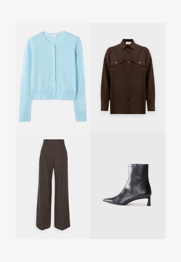 Jasnoniebieski kardigan wykonany z miękkiego materiału, z okrągłym dekoltem, długimi rękawami i zapięciem na guziki, z prążkowanymi mankietami i dolnym wykończeniem.; Ciemnobrązowa, długa koszula z guzikami, z dwiema kieszeniami na klatce piersiowej i klasycznym kołnierzykiem, zaprezentowana na jednolitym białym tle.; Ciemnobrązowe spodnie z szerokimi nogawkami i wysokim stanem, wyróżniające się starannie wyprasowanymi zagnieceniami, gładką fakturą i dopasowanym krojem.; Czarne skórzane botki sięgające kostki z ostrym noskiem i eleganckim designem. Posiadają niski obcas oraz zamek błyskawiczny z tyłu. Gładka faktura.