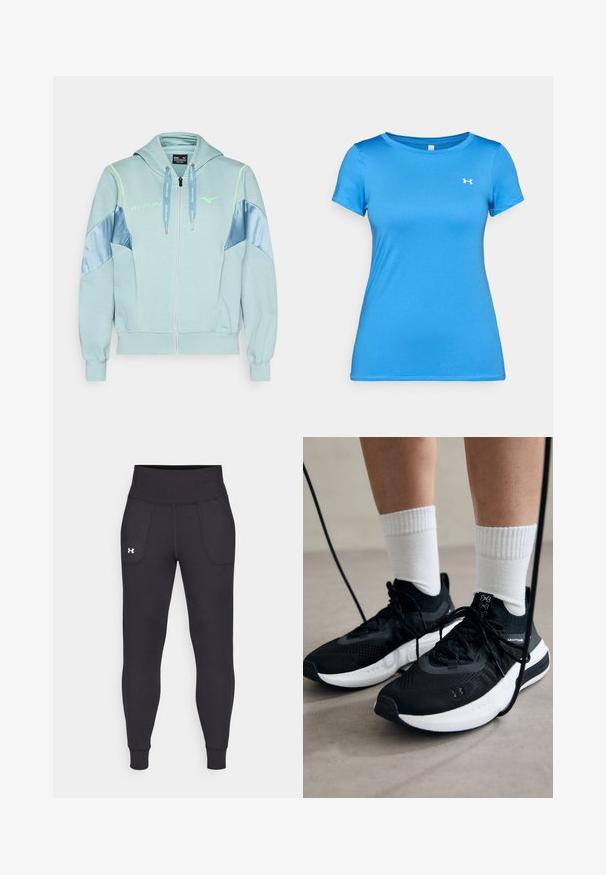 Sweatshirt azul-claro com fecho, capuz, painéis de cetim azuis em contraste e detalhes em néon. Apresenta bolsos frontais e cordões ajustáveis.; Camisola atlética azul de mangas curtas com gola redonda e pequeno logótipo branco da Under Armour no peito.; Leggings atléticos pretos, feitos de material elástico, com uma cintura alta, bolsos laterais e punhos ajustados no tornozelo.; Sapatilhas desportivas pretas com tecido texturizado, sola branca e atacadores pretos. Usadas com meias brancas caneladas, a pé sobre uma superfície clara.