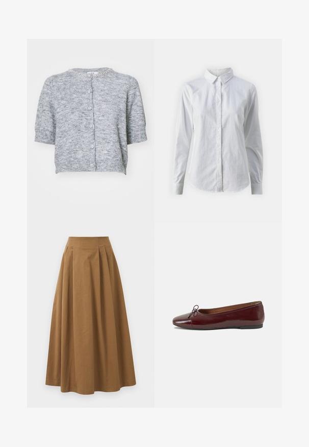 Kortärmad, grå cardigan med strukturerad stickning, rundad halsringning och dekorerad krage. Har framknappar och ribbmuddar.; Vit skjorta med knappar, tillverkad av mjuk bomull, med klassisk krage, långa ärmar och en böjd fåll. Knapparna är små och vita.; Brun bomull A-linje kjol med hög midja, med veck ned längs framsidan och en mjuk textur. Sömmen är ren och enkel.; Burgunderfärgad lackläderballettskor med rund tå, liten rosettdekoration fram och en låg, svart gummisula. Slät textur.